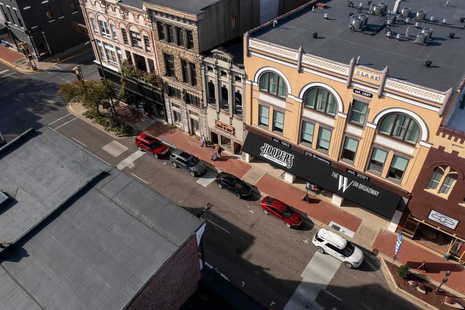Aerial view of historic brick buildings along downtown Broadway in Paducah